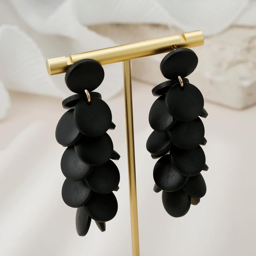 Sun Star Black Layered Wooden Circle Bohemian Drop Earrings - Picture 3 of 4
